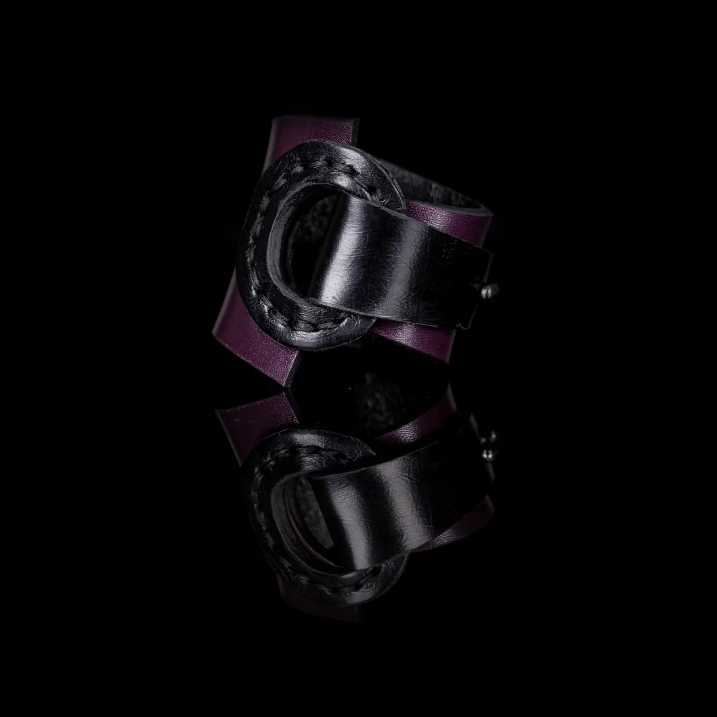 Black & Deep Plum Leather Wrap Bracelet Sculpted Ring
