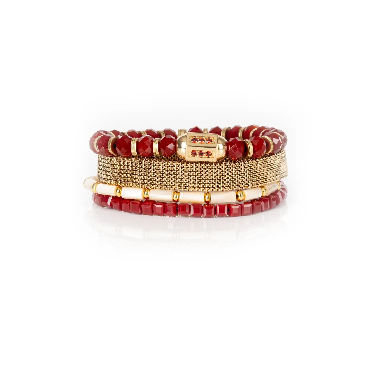 Ruby Red & Gold Beaded Bracelet Stack Crimson Glow