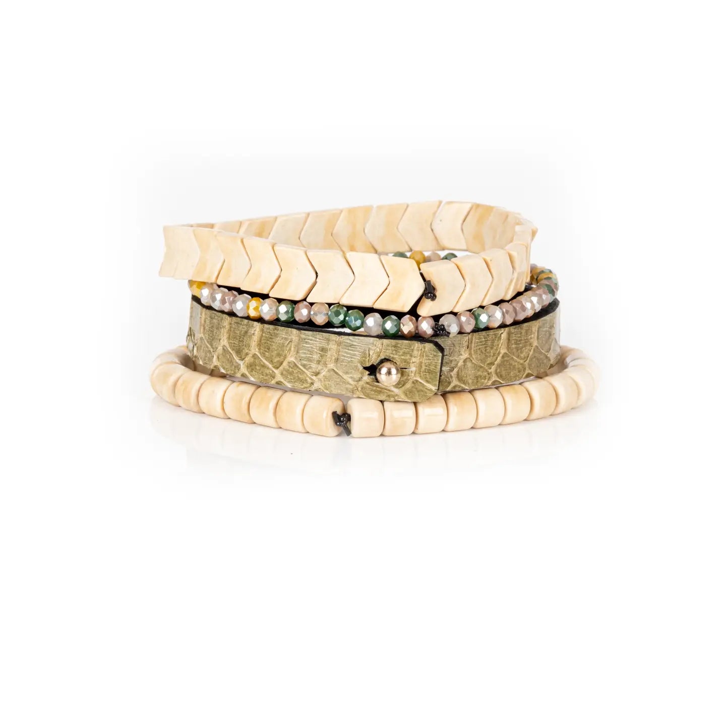 Python Leather & Chevron Tile Stack Bracelet Sandstone Olive