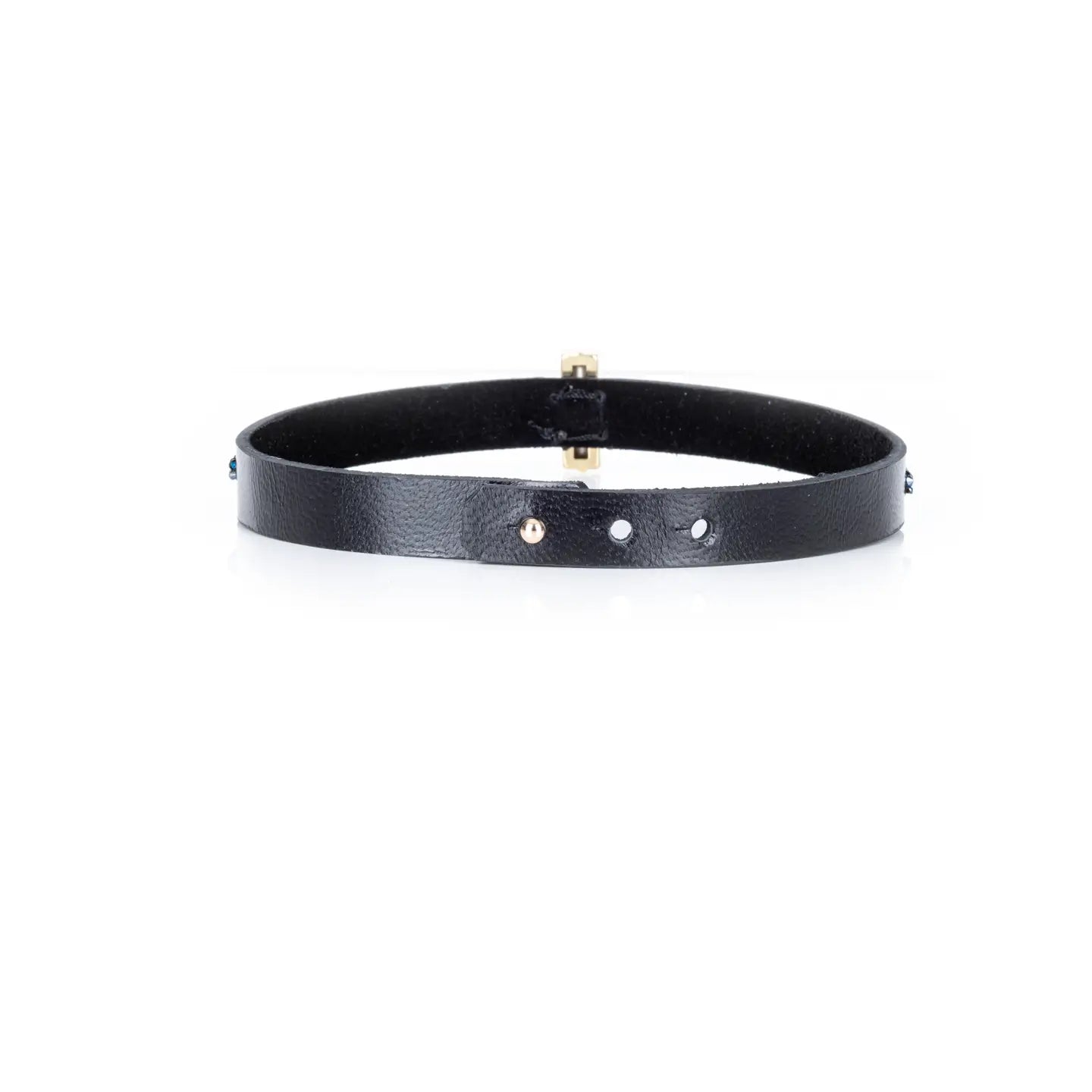 Black leather choker with a central blue crystal and fine rhinestone detailing along the band, displayed on a white background.
