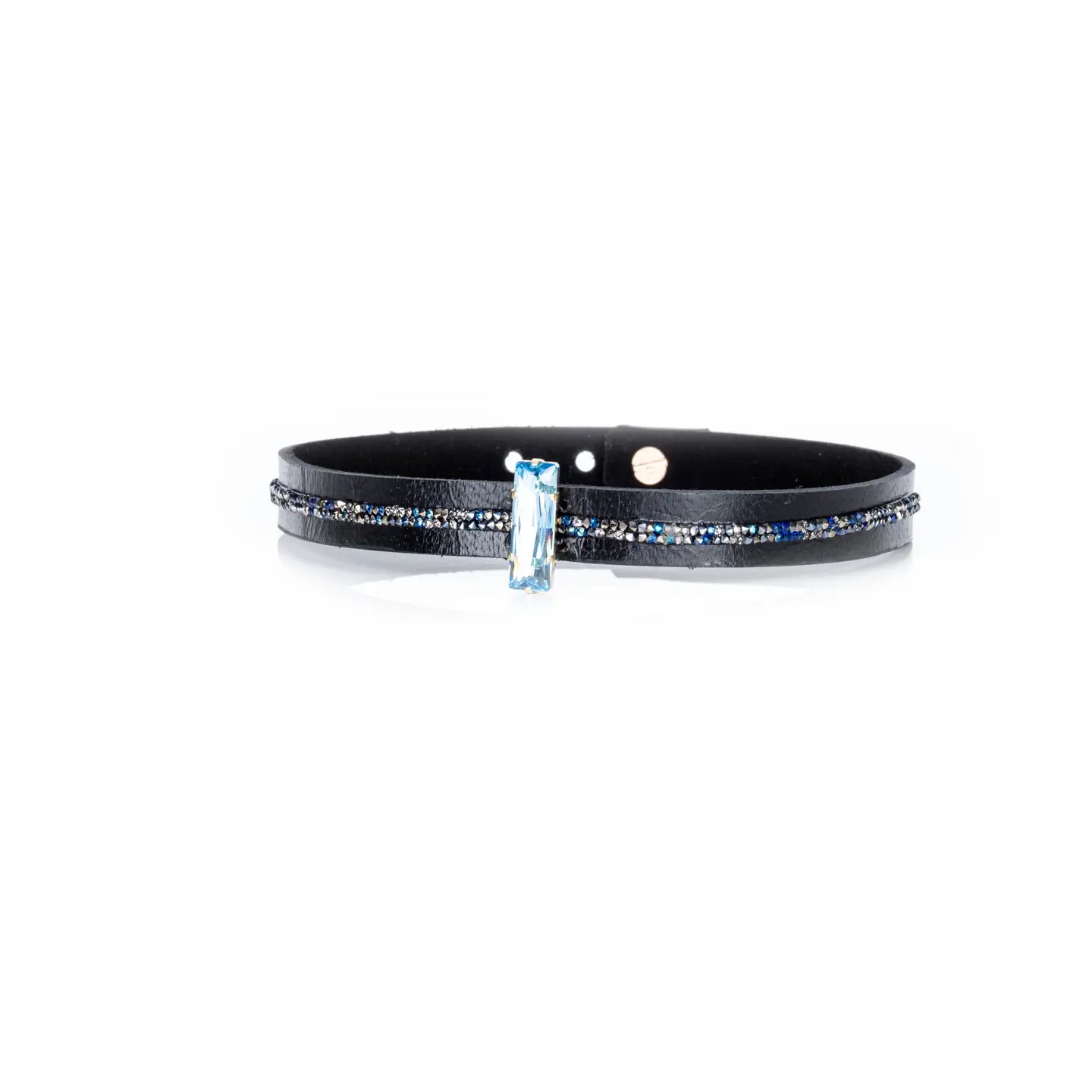 Black leather choker with a central blue crystal and fine rhinestone detailing along the band, displayed on a white background.