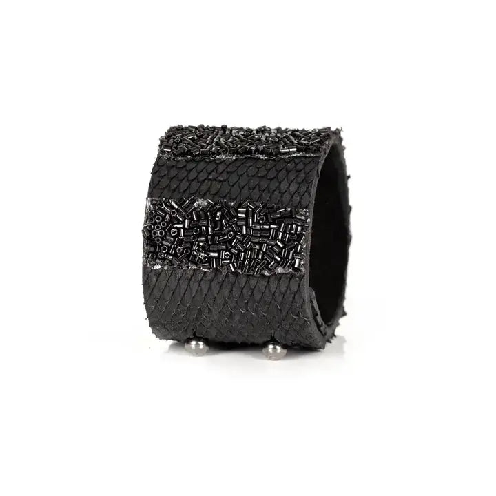 The Eclipse Black Python Leather Cuff with Hand-Beaded
