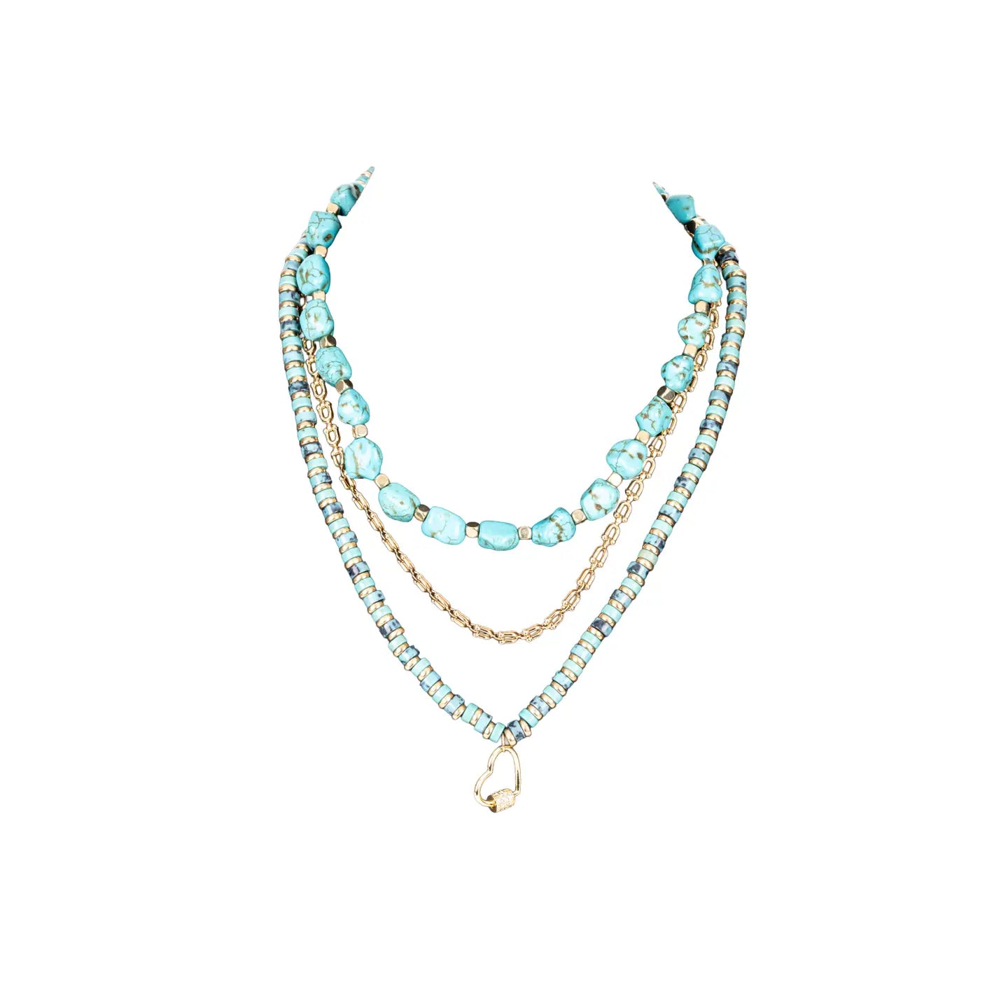 Layered turquoise bead necklace with gold chain and small heart charm on white background.