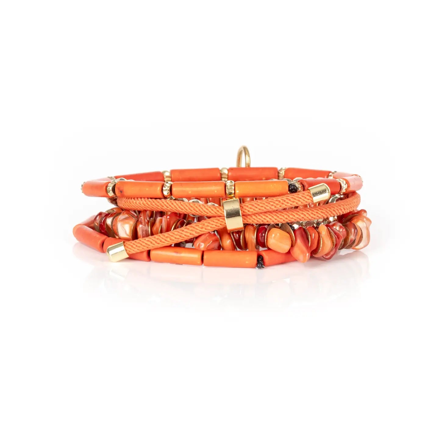 Orange Coral Bracelet Stack with Gold Lock Charm Handmade