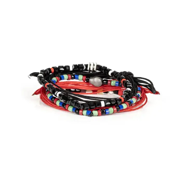 Black and red multi-layer men’s bracelet set featuring braided rope bands, faceted black geometric beads, metallic accents, and multicolor bead details on a light background.