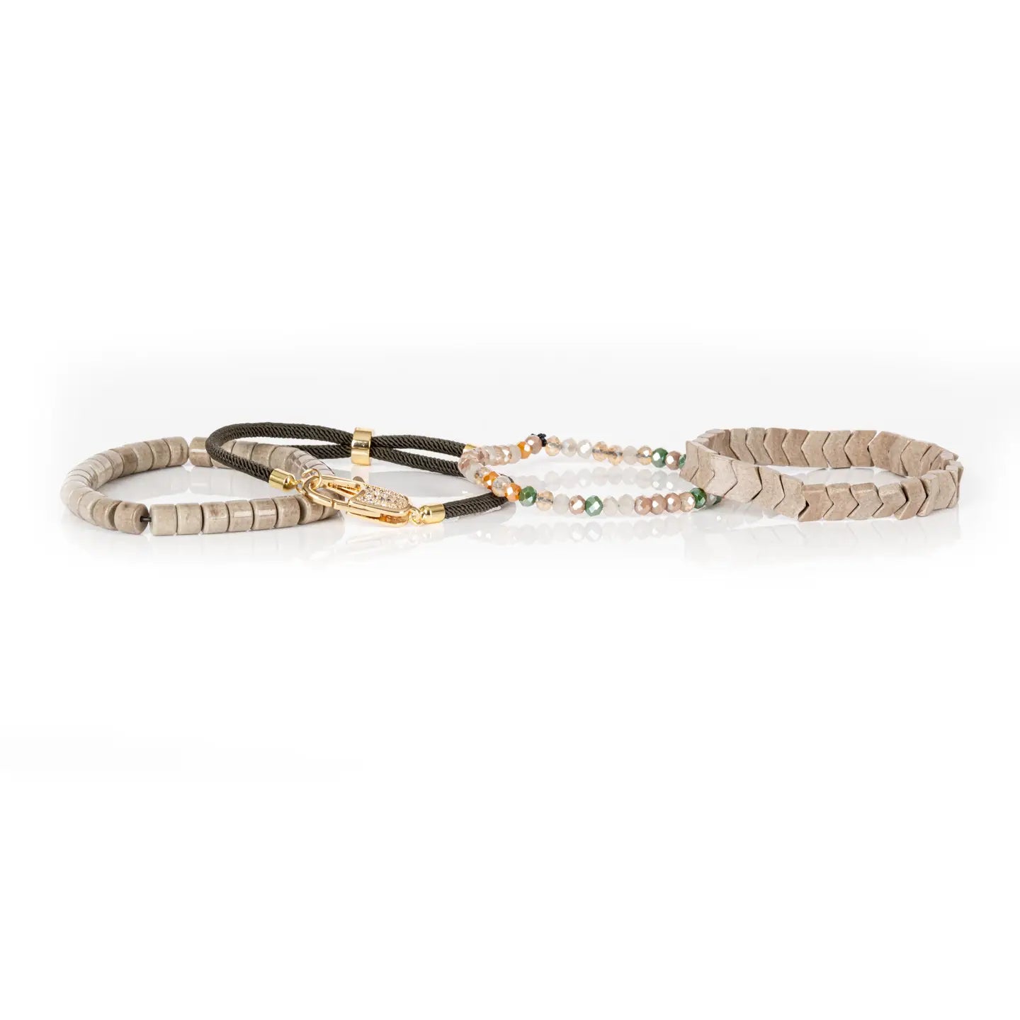Pavé Lock Multi-Layer Beaded Bracelet Stack Sand & Olive