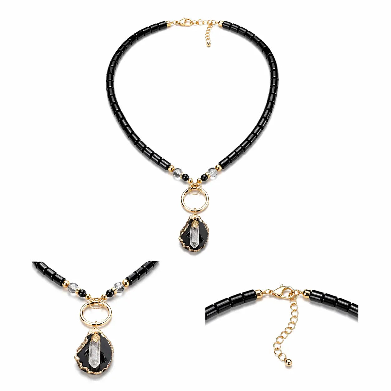 Black beaded necklace with gold ring connector and raw stone crystal pendant on white background.