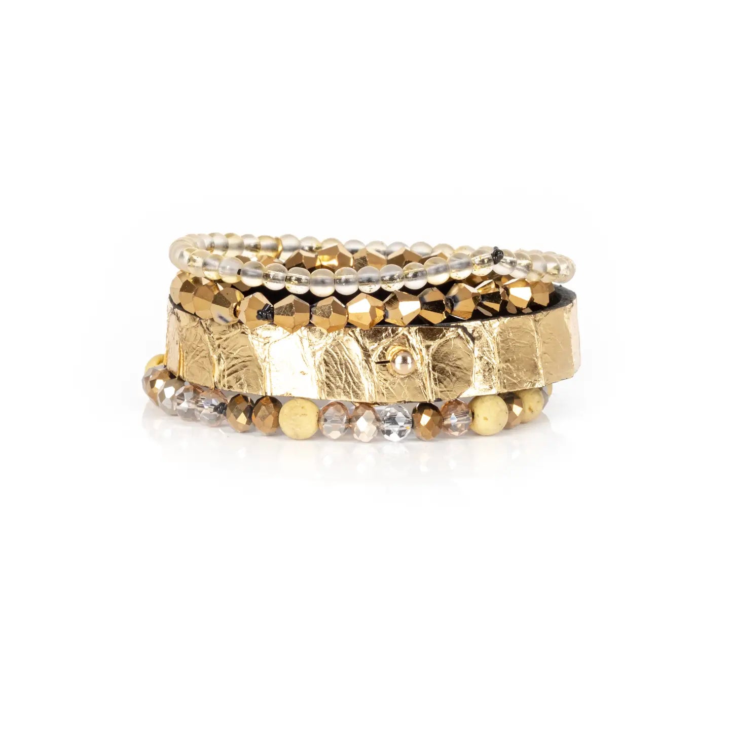 Gold Foil Wrap Bracelet Stack with Shell Charm & Crystal