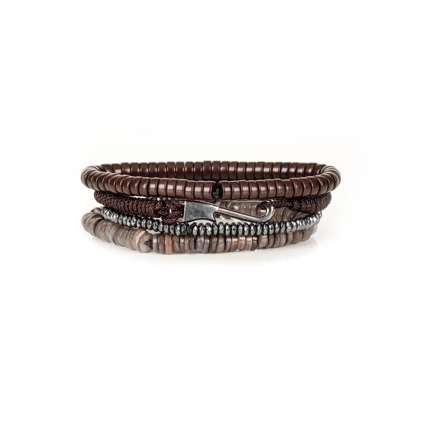 Men's layered bracelet set featuring dark brown heishi beads, faceted hematite spacer beads, brown woven cord detailing, and taupe natural stone disc beads arranged in a minimalist stacked design on a white background.