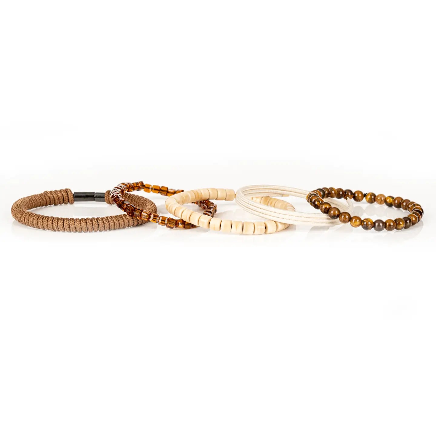 Men’s layered bracelet set featuring tiger’s eye stone beads, ivory heishi beads, amber crystal rectangle beads, cream braided cord wraps, and natural beige accents, stacked in a refined earthy luxury design on a white background.