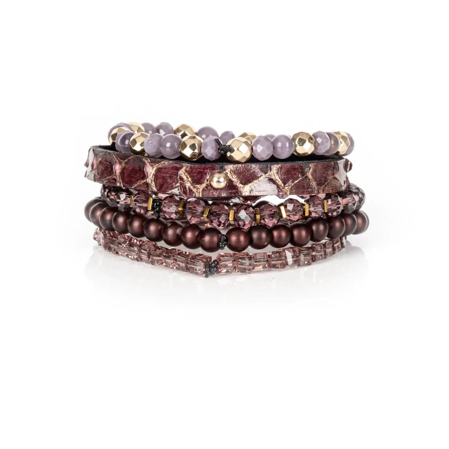 Python Leather Stack Bracelet Set Burgundy Smoke & Gold