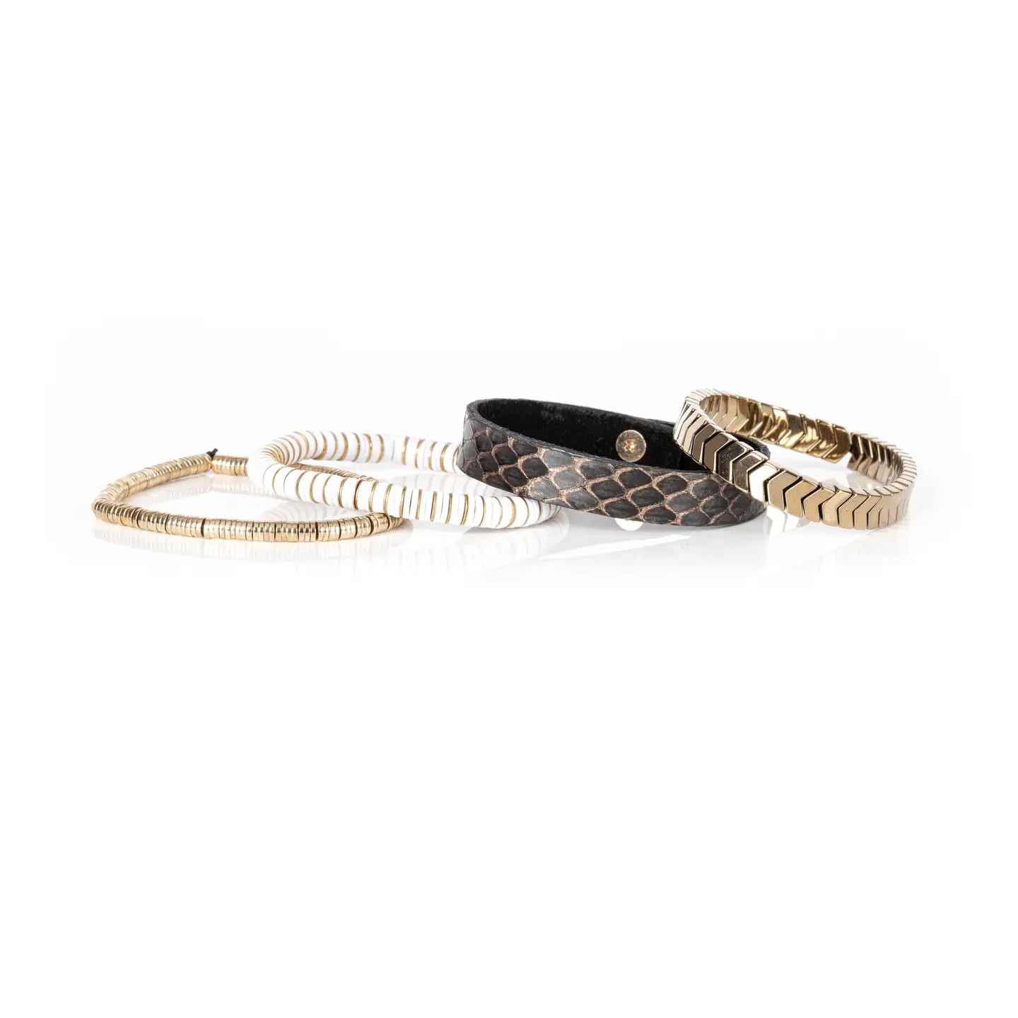 Python Leather Bracelet Stack with Gold Chevron Cuff & White