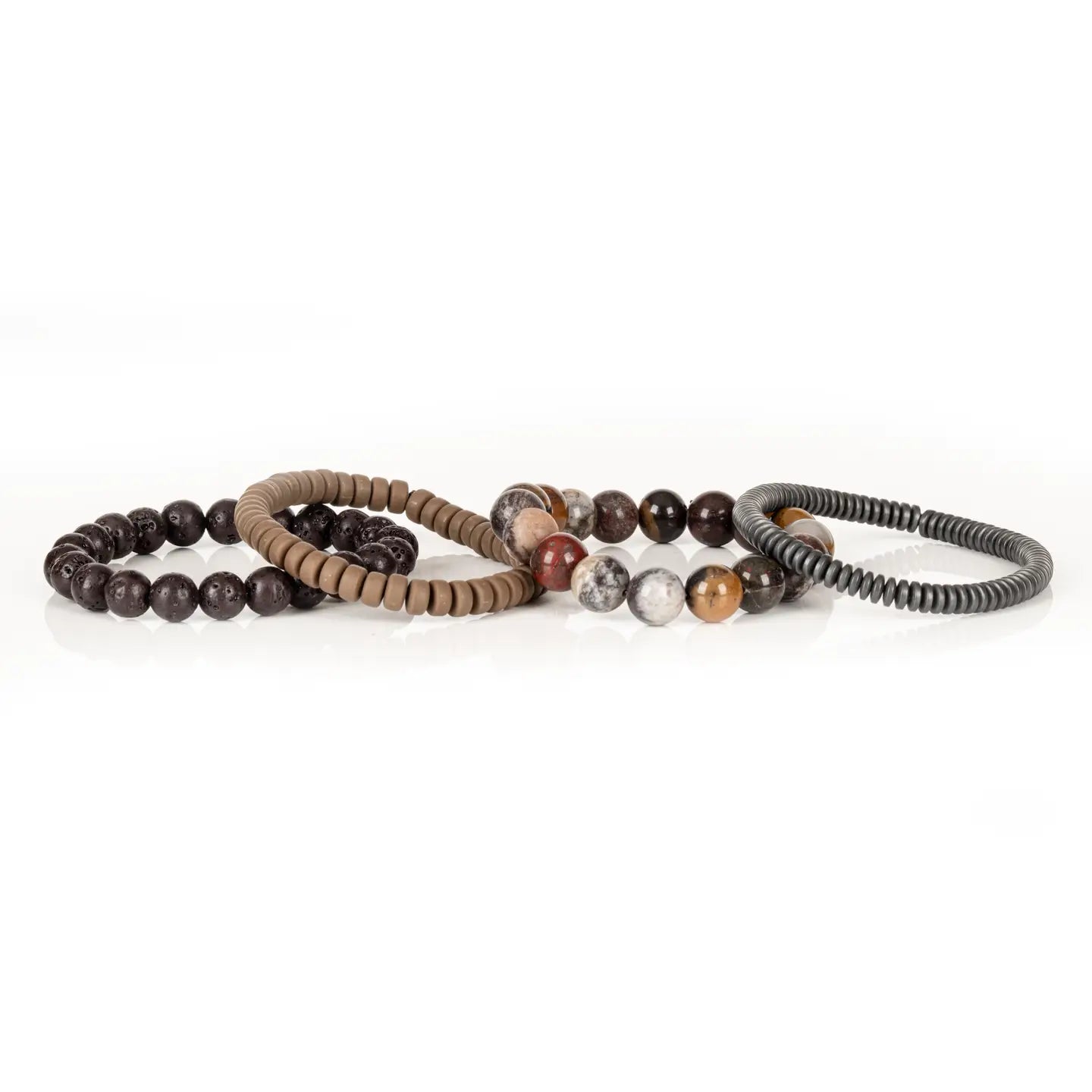 Men’s layered bracelet set featuring dark lava stone beads, multicolor natural stone beads in earthy brown, gray, cream, and rust tones, taupe heishi beads, and gunmetal coil wrap beads, stacked in a rugged natural luxury design on a white background.