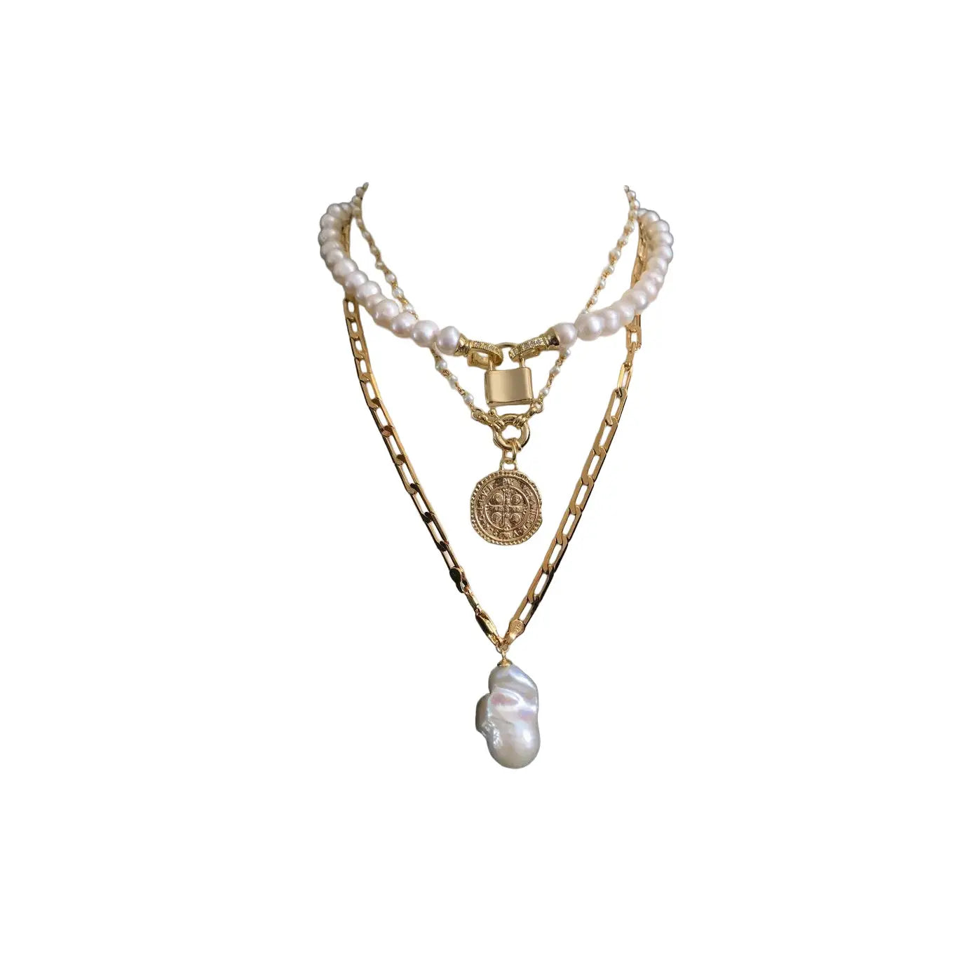 Layered pearl and gold chain necklace with lock clasp, coin pendant, and baroque pearl drop on a white background.