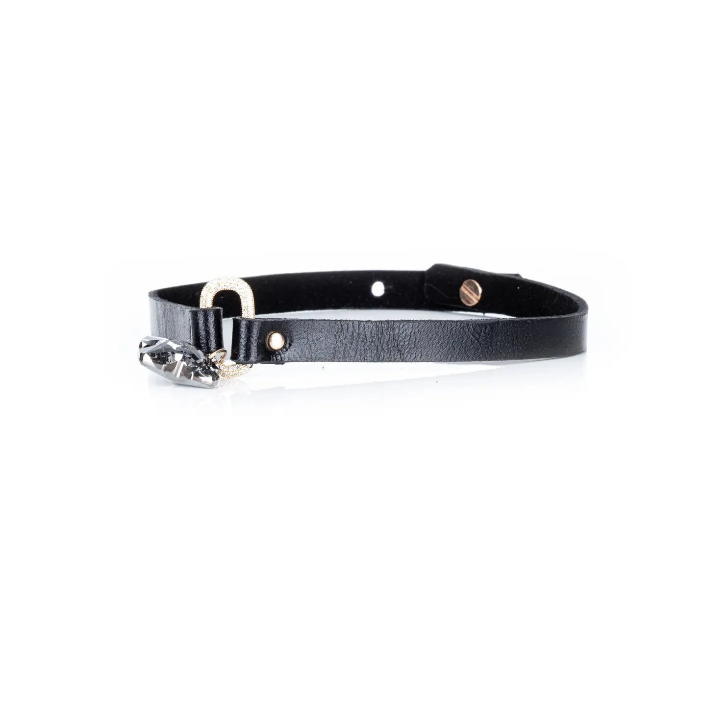 Black leather choker with a crystal oval connector and a faceted crystal cross pendant, displayed on a white background.