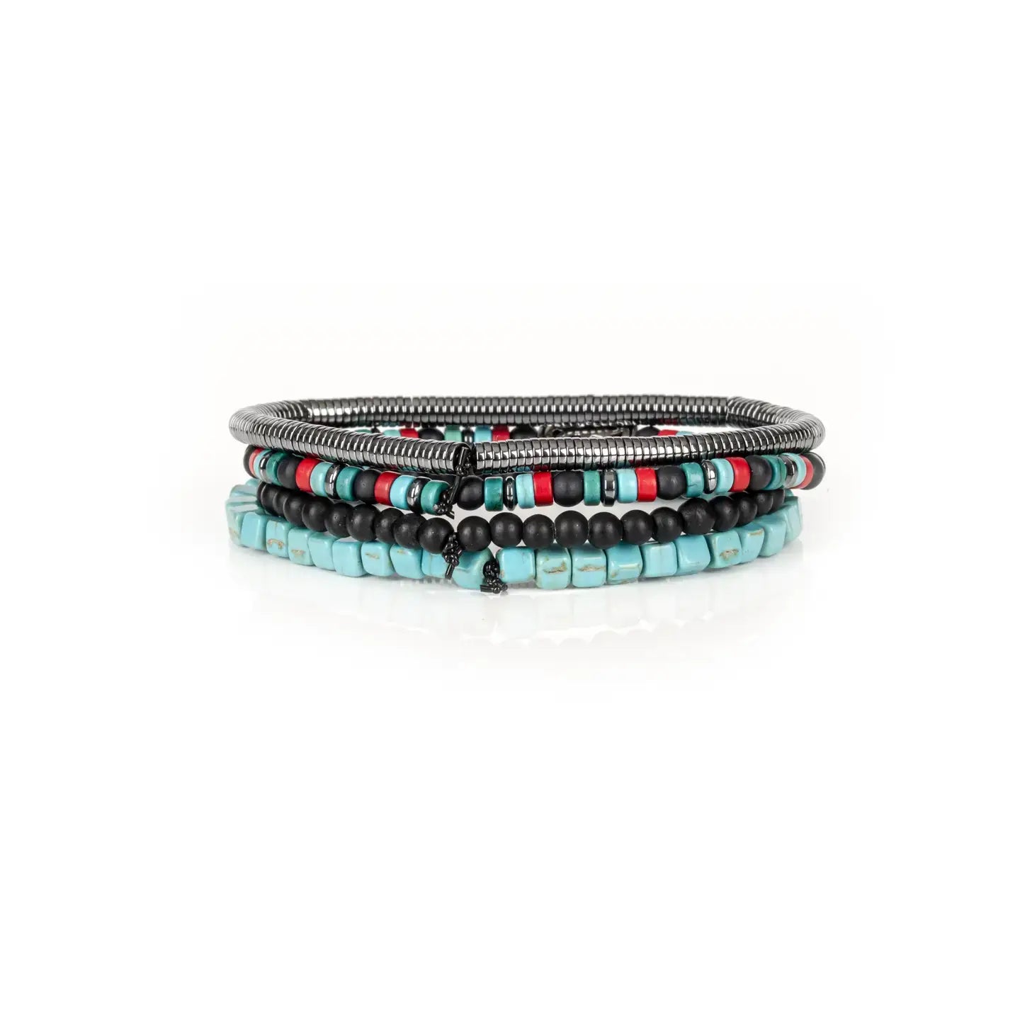 Black multi-layer men’s bracelet featuring matte black beads, turquoise cube beads, metallic hematite strands, red accent details, and crystal centerpiece accent on a light background.