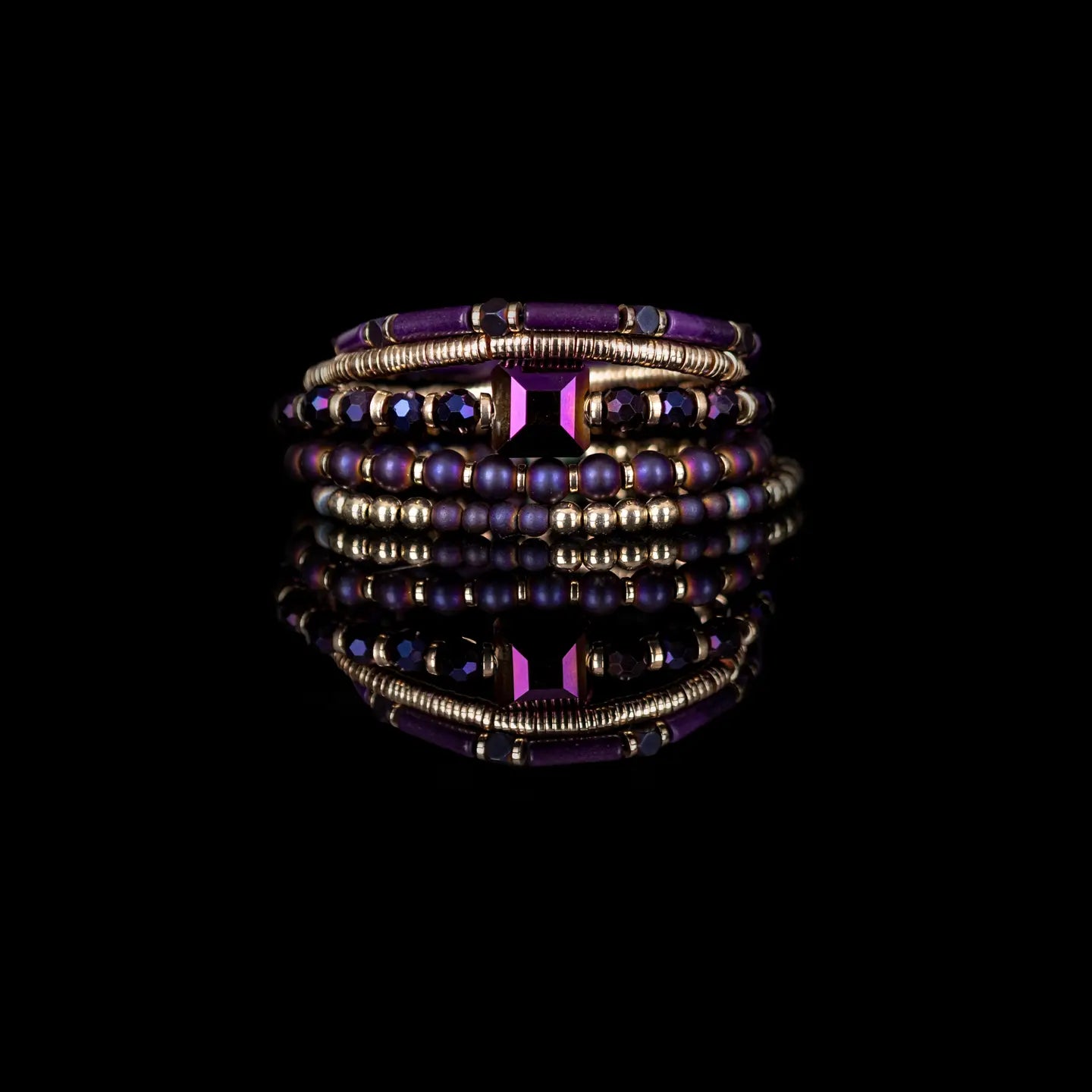 Midnight Amethyst Crystal Bracelet Stack Deep Purple & Gold