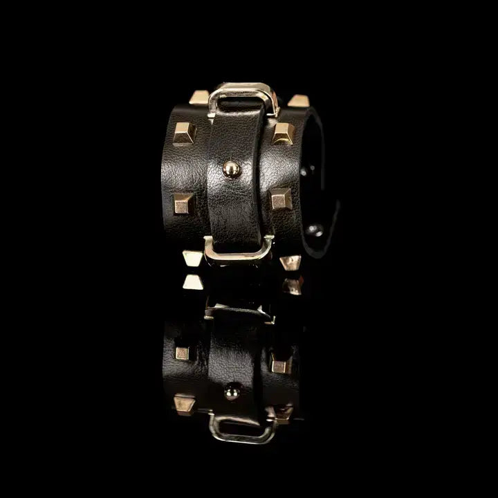 Empire Cuff Black Italian Leather Bracelet with Gold Studs