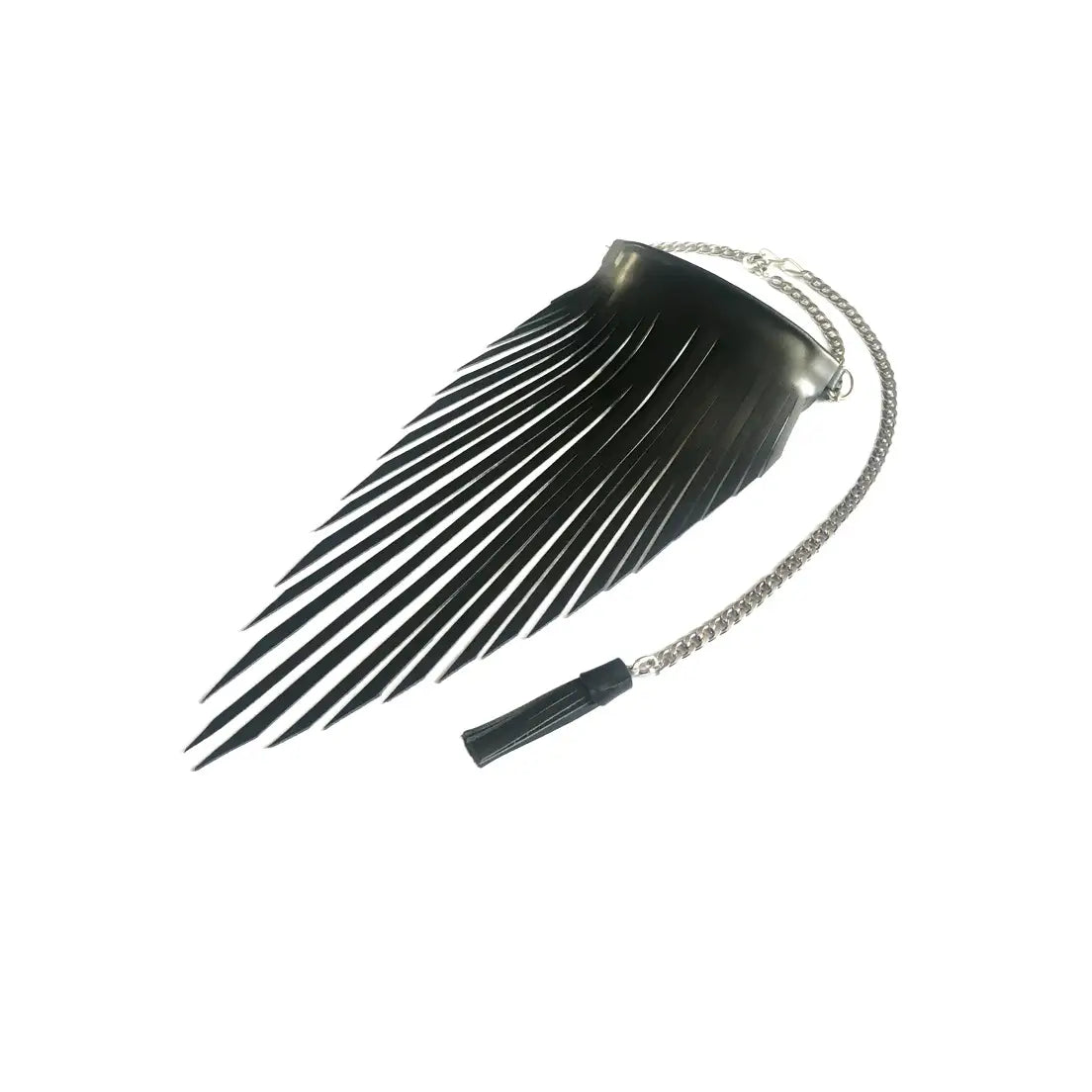 Black leather choker necklace with long fringe detailing and a silver chain closure, displayed on a white background.