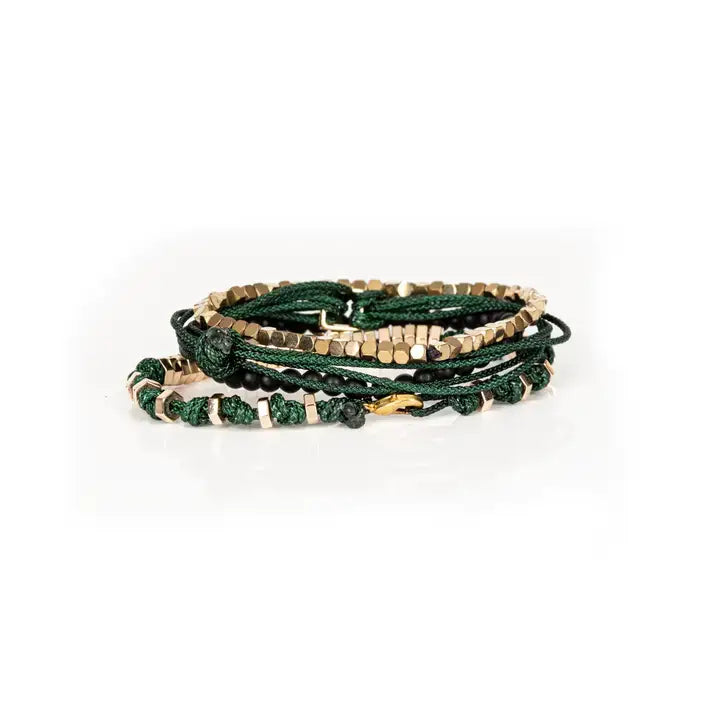 Men’s layered bracelet set featuring gold-tone faceted metal beads, dark green braided cord wraps, matte black bead accents, and gold-tone geometric spacer beads, stacked in a sophisticated green and gold luxury design on a white background.
