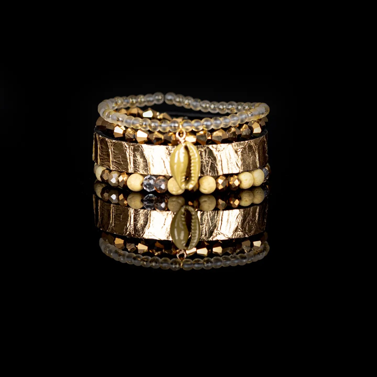 Gold Foil Wrap Bracelet Stack with Shell Charm & Crystal