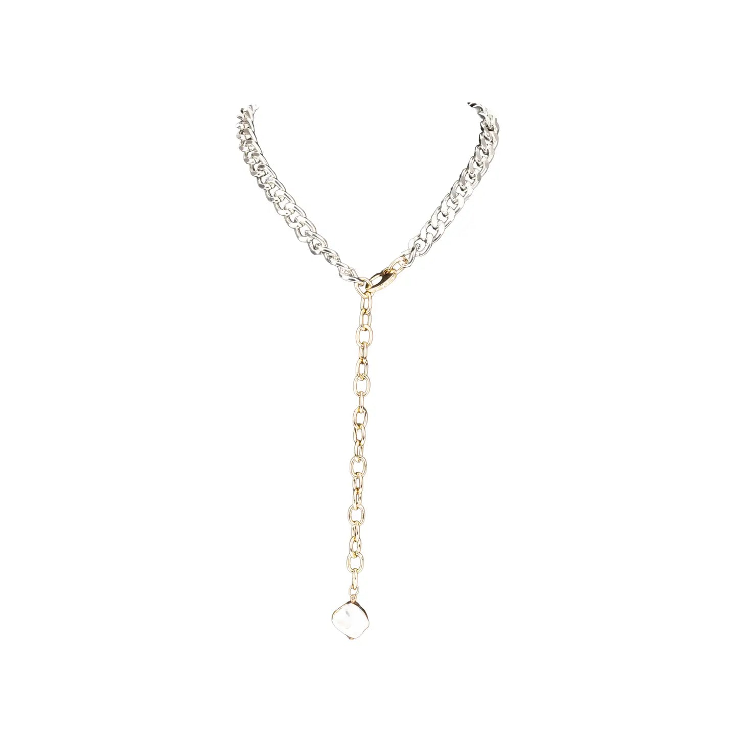 Two-tone silver and gold chain Y necklace with white stone pendant on white background.