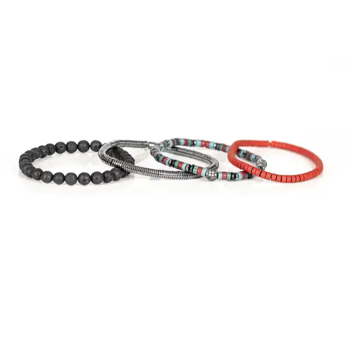 Men's layered bracelet set featuring coral red heishi beads, turquoise and black accent beads, silver-tone hematite spacers, a decorative pavé-style centerpiece bead, and matte black lava stone beads arranged in a stacked design on a white background.