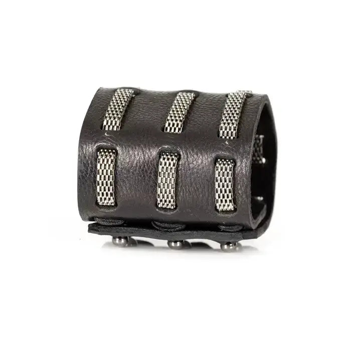 The Network Black Leather & Silver Woven Chain Bracelet