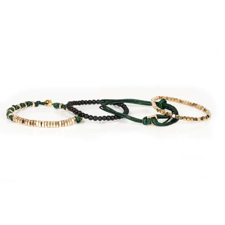 Men’s layered bracelet set featuring gold-tone faceted metal beads, dark green braided cord wraps, matte black bead accents, and gold-tone geometric spacer beads, stacked in a sophisticated green and gold luxury design on a white background.