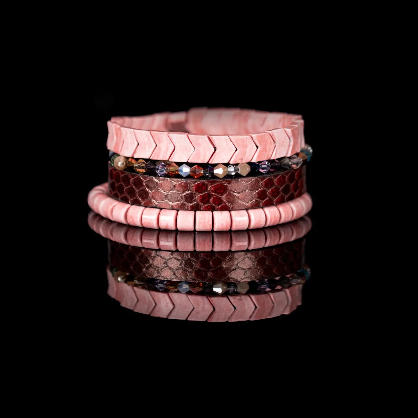 Python Leather & Chevron Tile Stack Bracelet Blush Rose