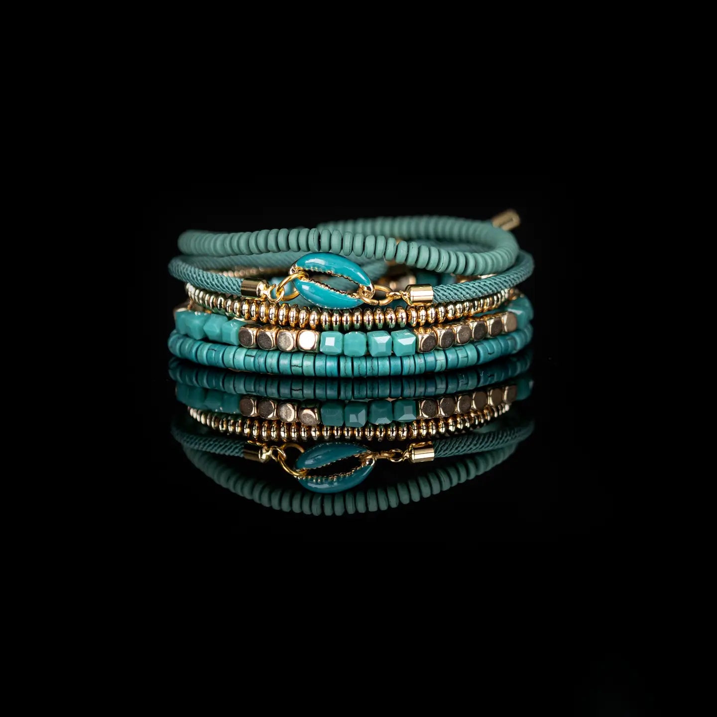 Turquoise Shell Charm Gold Stack Bracelet