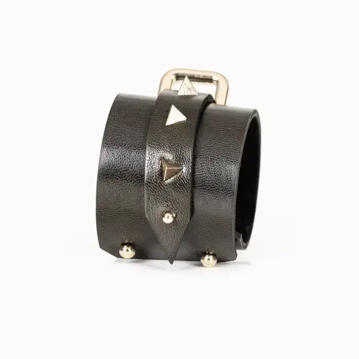 Dominion Cuff Black Italian Leather Bracelet with Pyramid