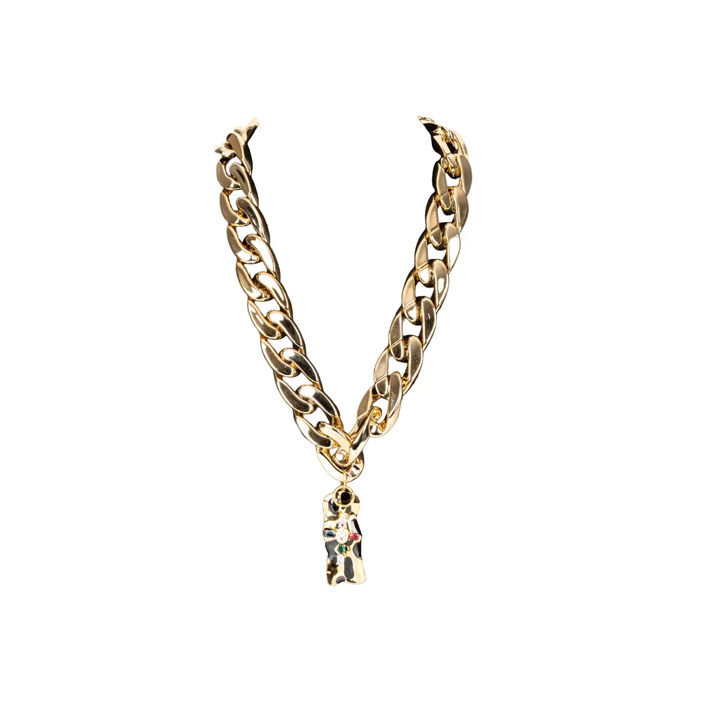 Gold chunky chain necklace with sculptural abstract pendant and subtle crystal accents on white background.