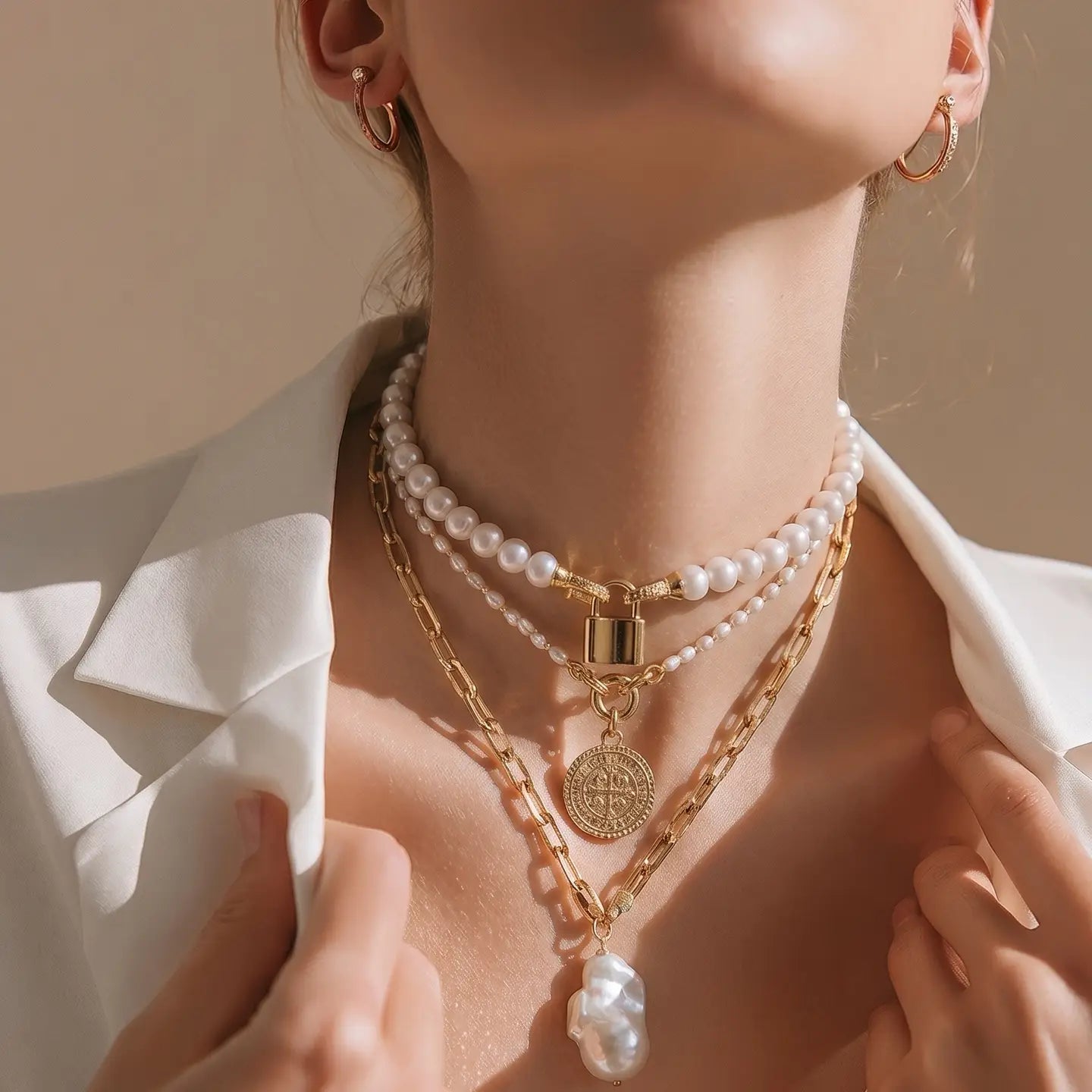 Layered pearl and gold chain necklace with lock clasp, coin pendant, and baroque pearl drop on a white background.