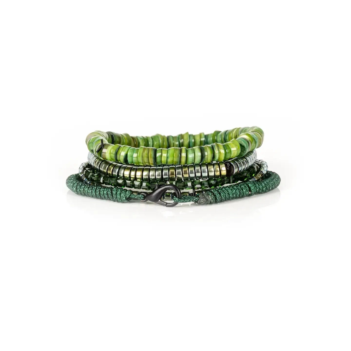 Green multi-layer men’s bracelet set featuring natural green stone disc beads, metallic hematite strands, faceted green crystal beads, and braided green rope on a light background.