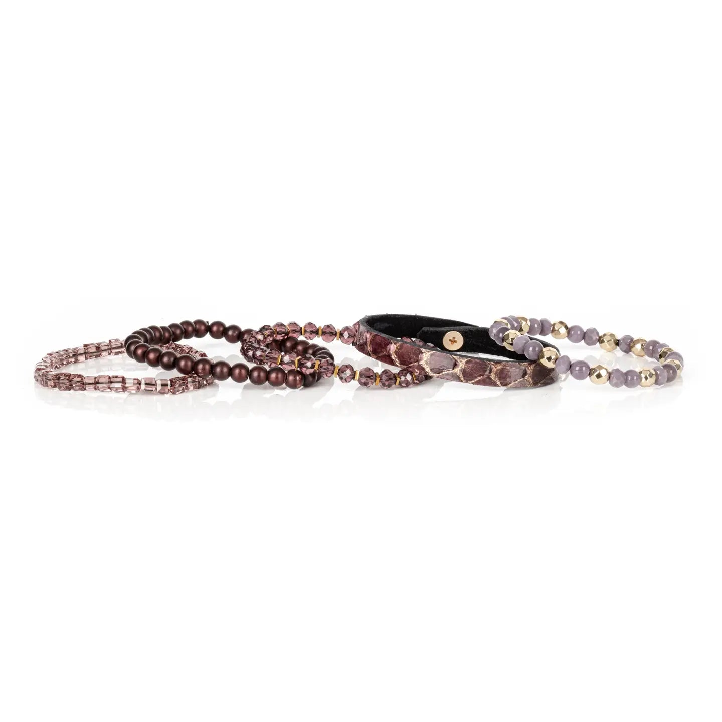 Python Leather Stack Bracelet Set Burgundy Smoke & Gold