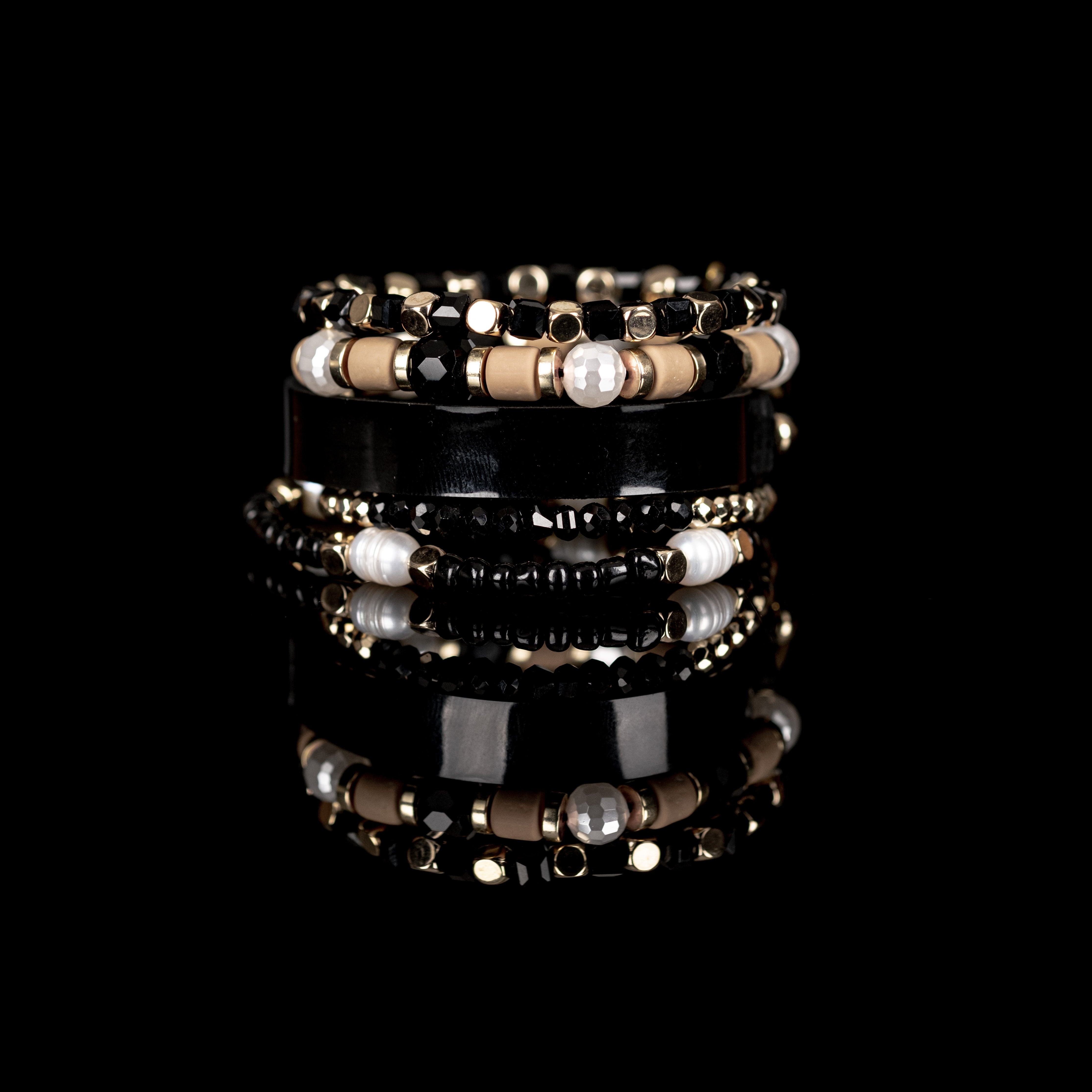 Black & Ivory Beaded Bracelet Stack Gold Cowrie Charm