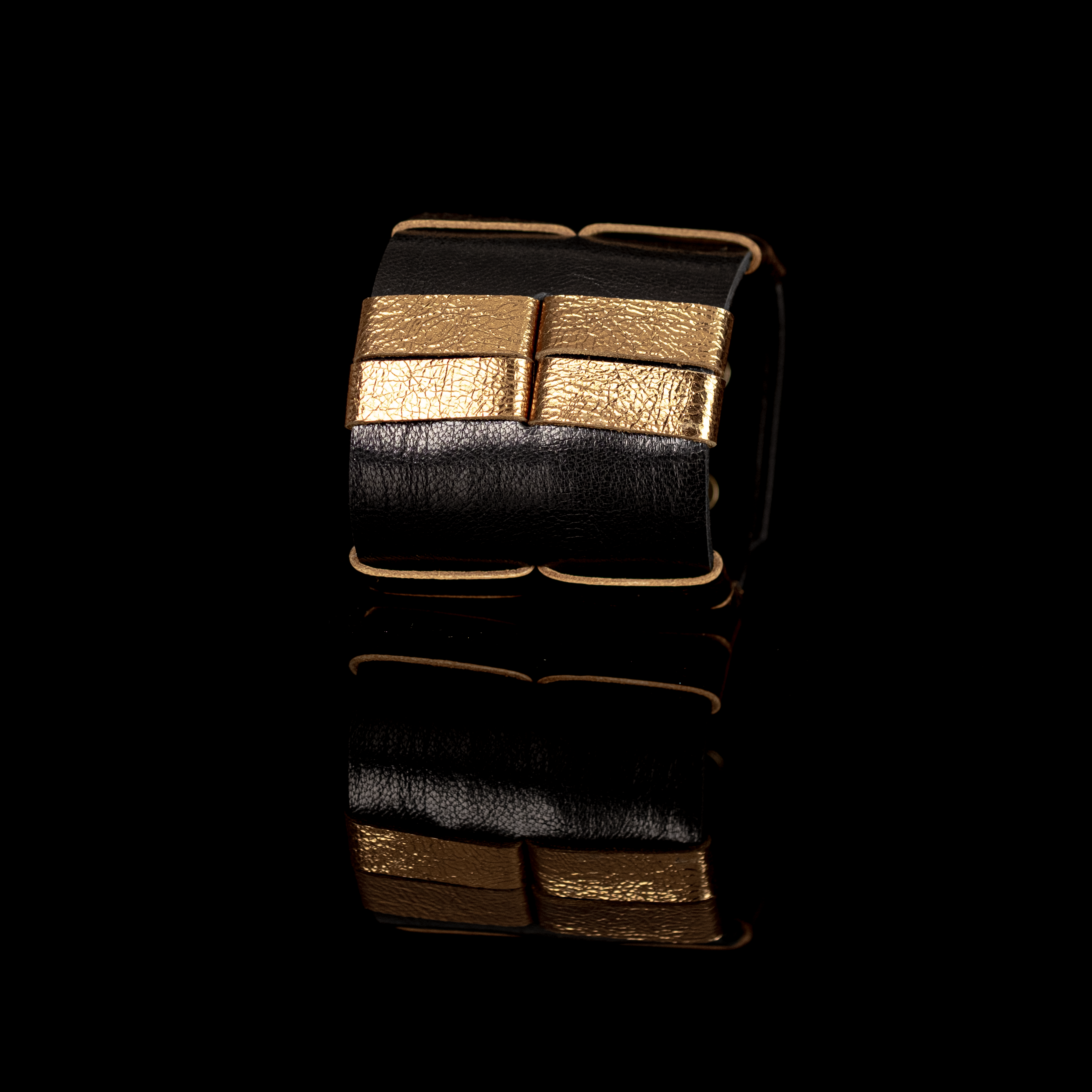 Black & Gold Layered Leather Cuff Bracelet Handmade