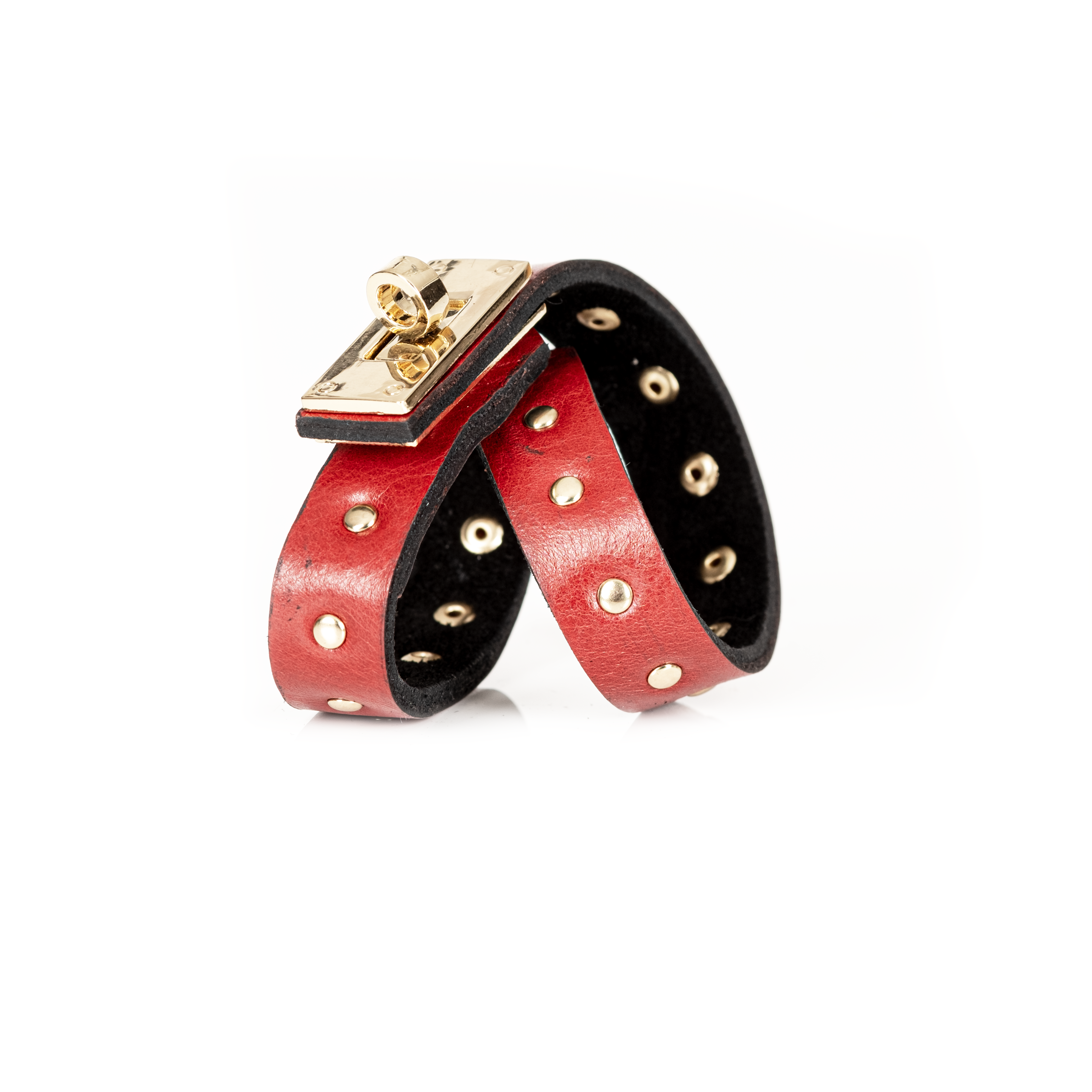 Double Wrap Red Leather Bracelet with Gold Studs