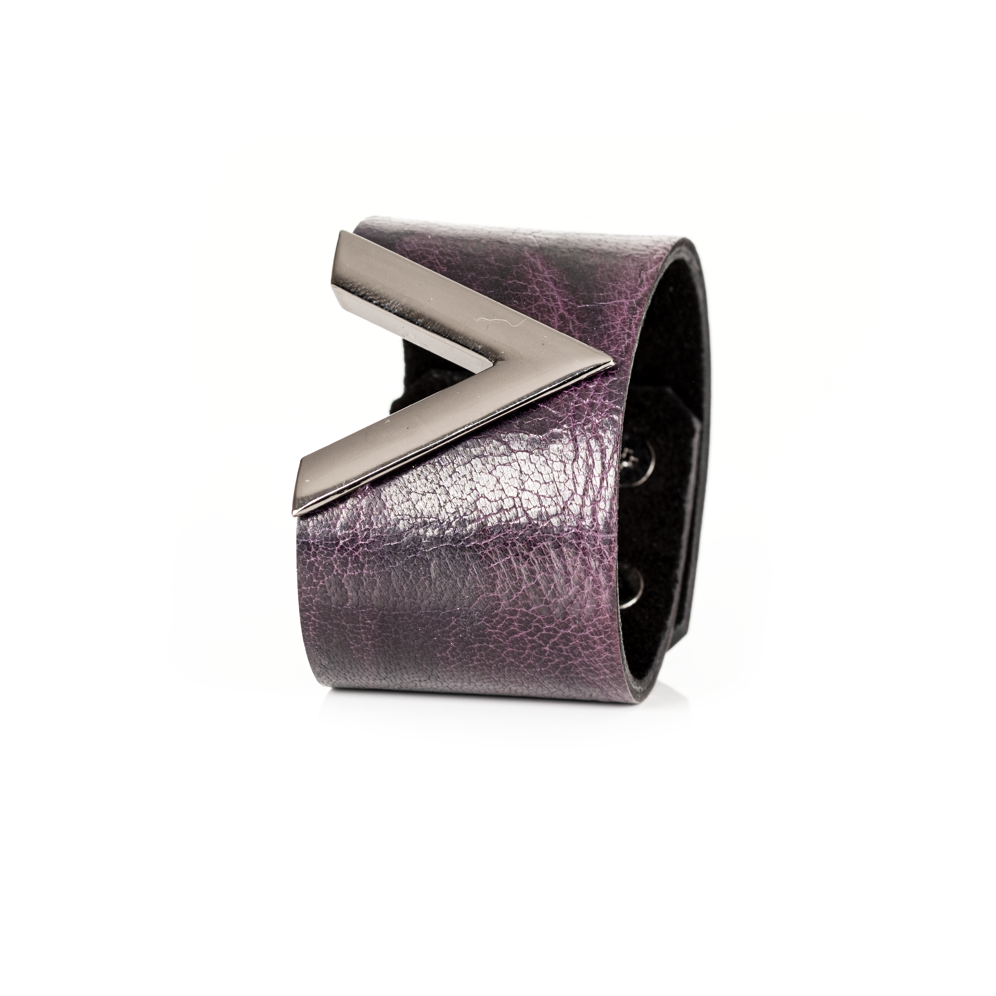 V-Edge Leather Cuff Bold Plum Bracelet with Metallic Accent