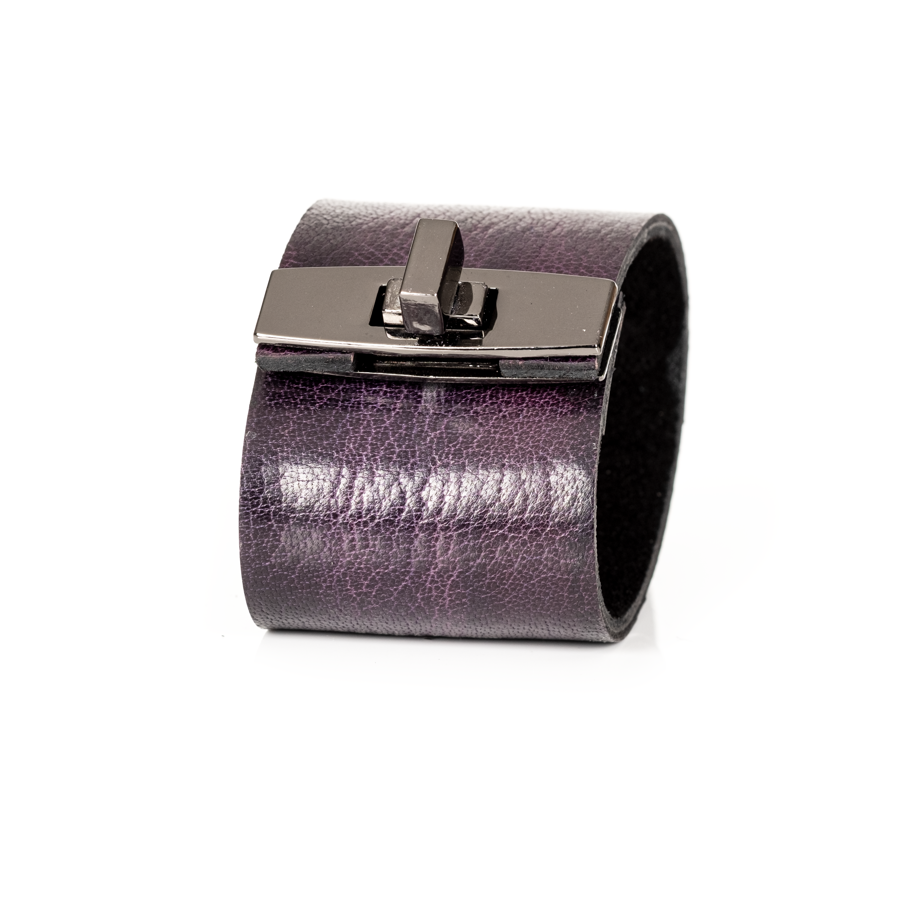 Turnlock Leather Cuff Deep Plum Statement Bracelet