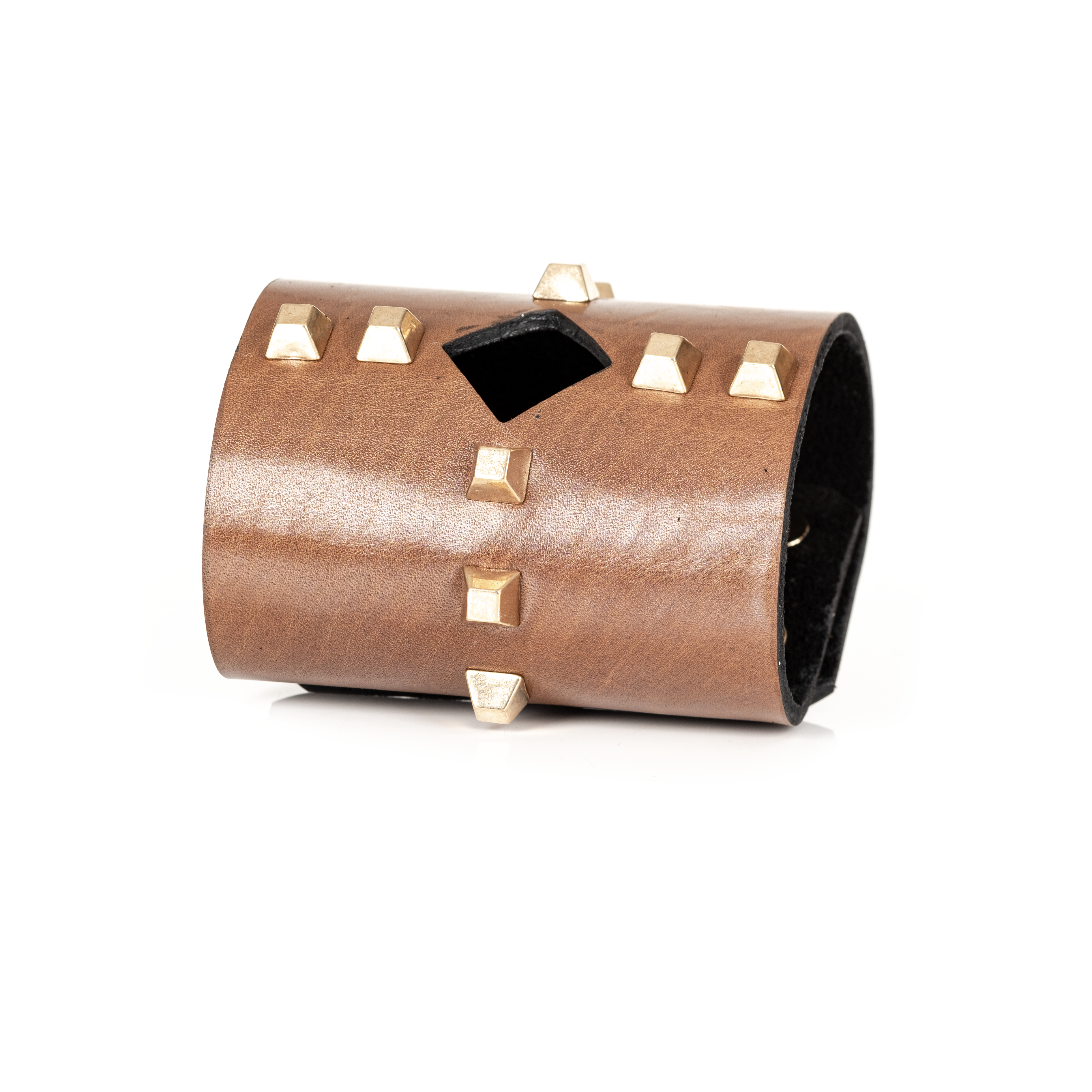 Brown Leather Cut-Out Studded Wide Cuff Bracelet