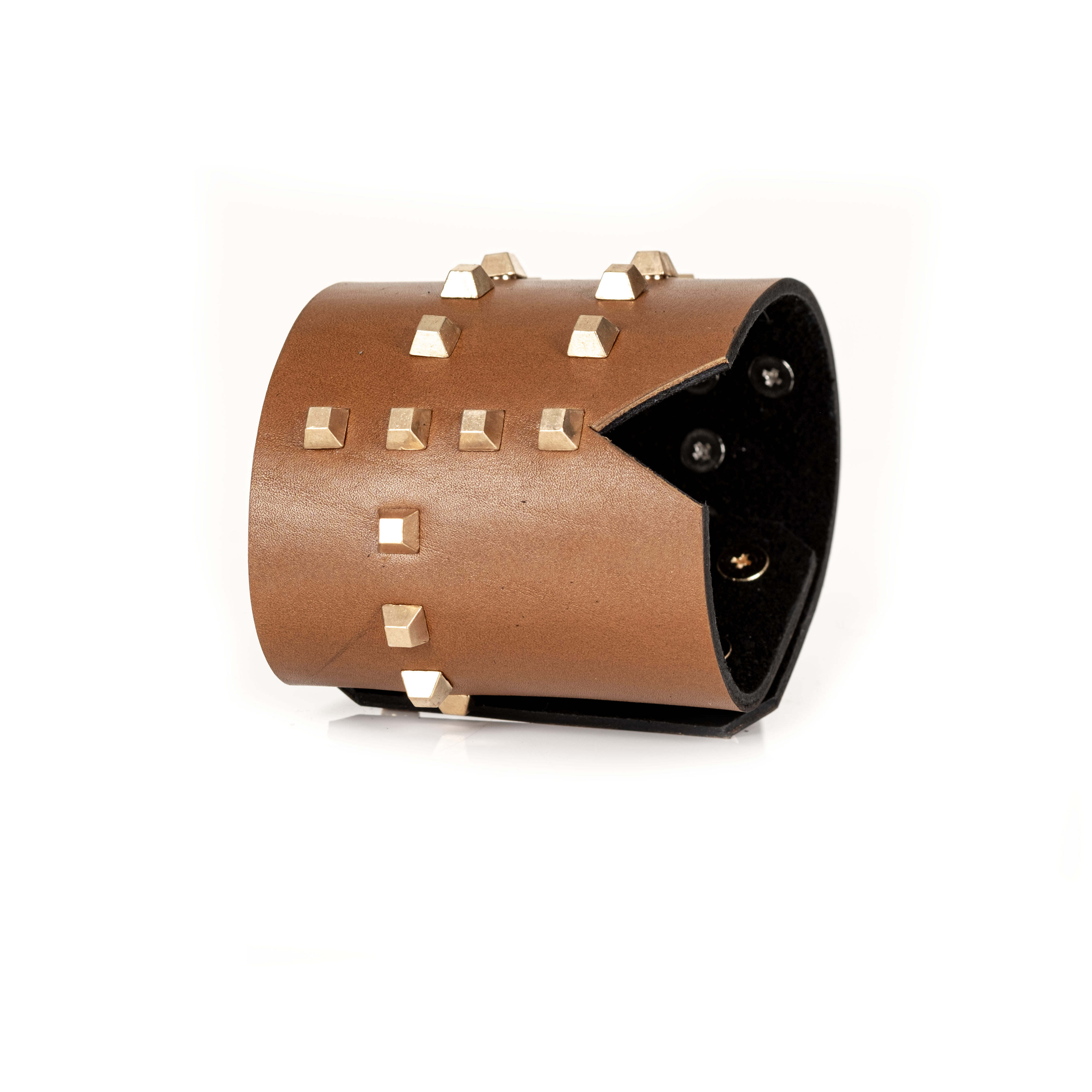 Brown Leather Studded Wide Cuff Bracelet