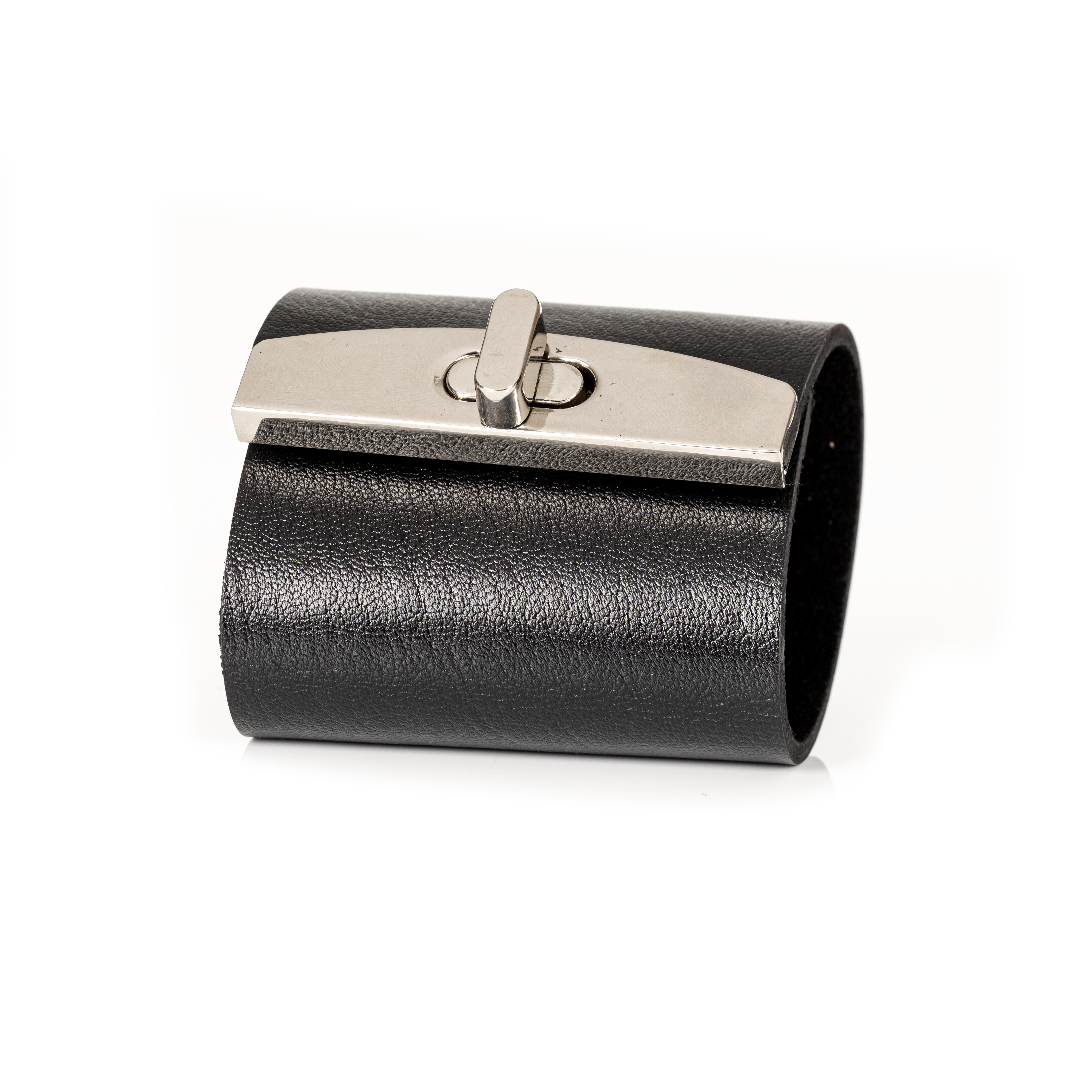 Lockdown Black Leather Cuff with Metal Bar Closure