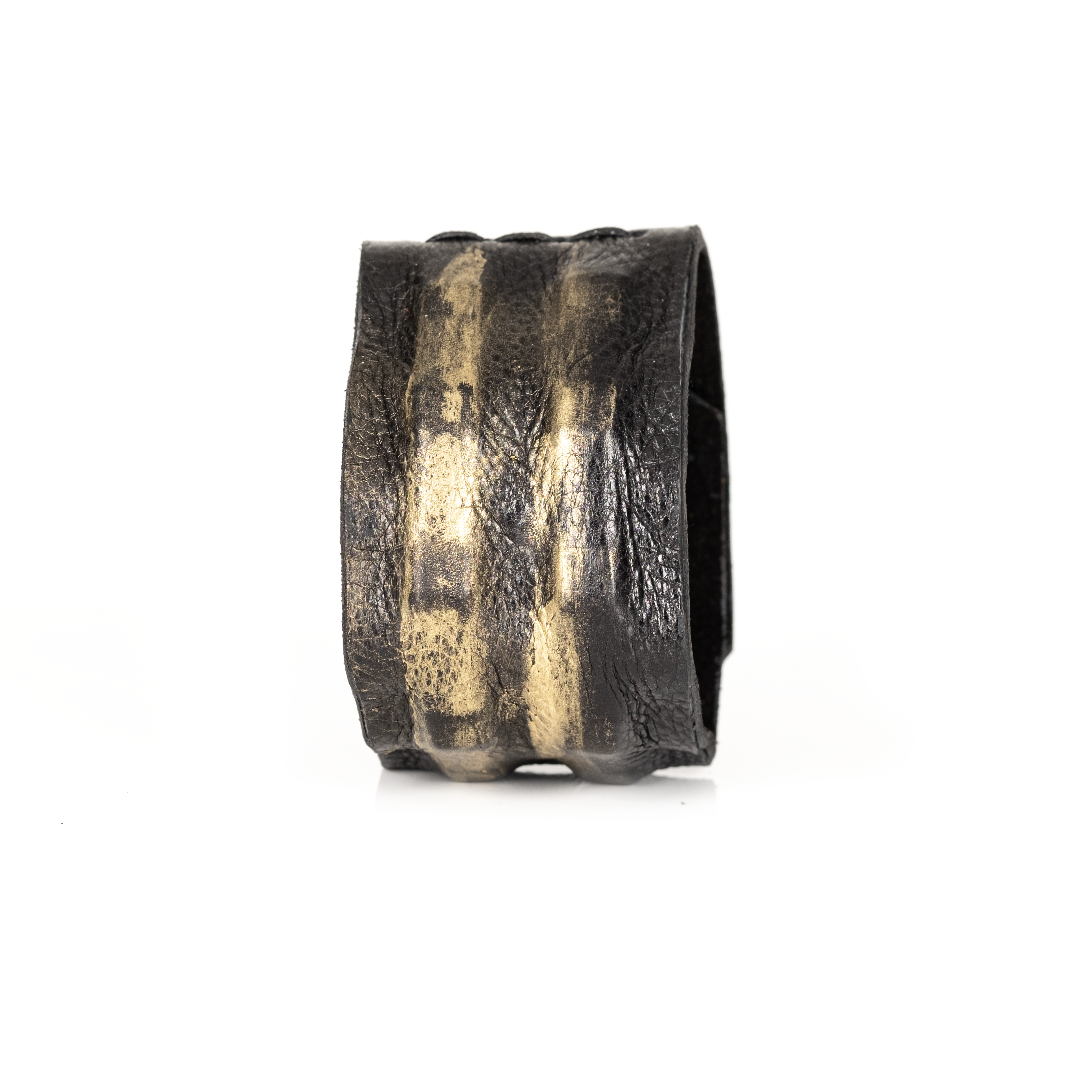 Worn Gold Stripe Leather Cuff Distressed Black Handmade