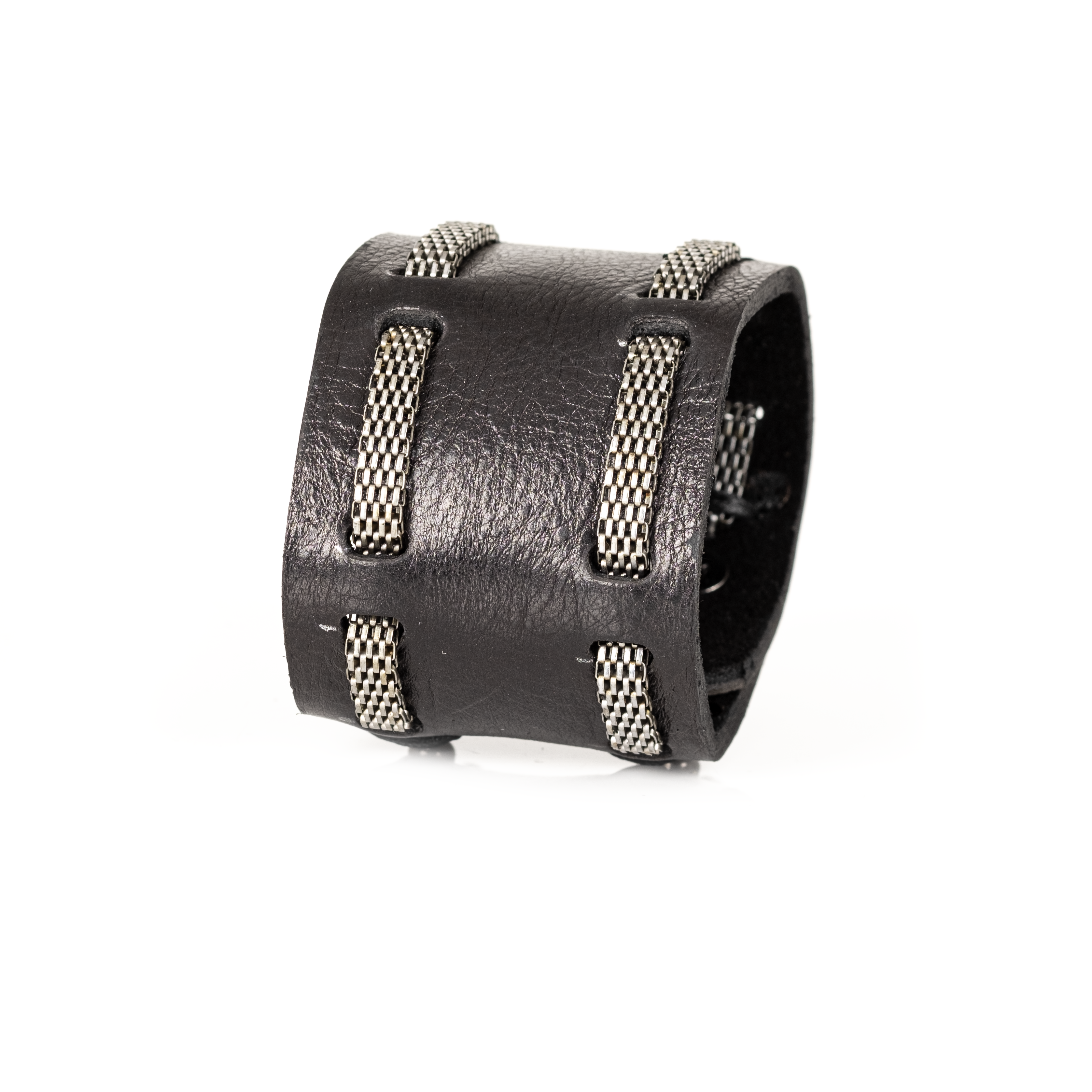 The Grid Black Leather & Silver Chain Bracelet