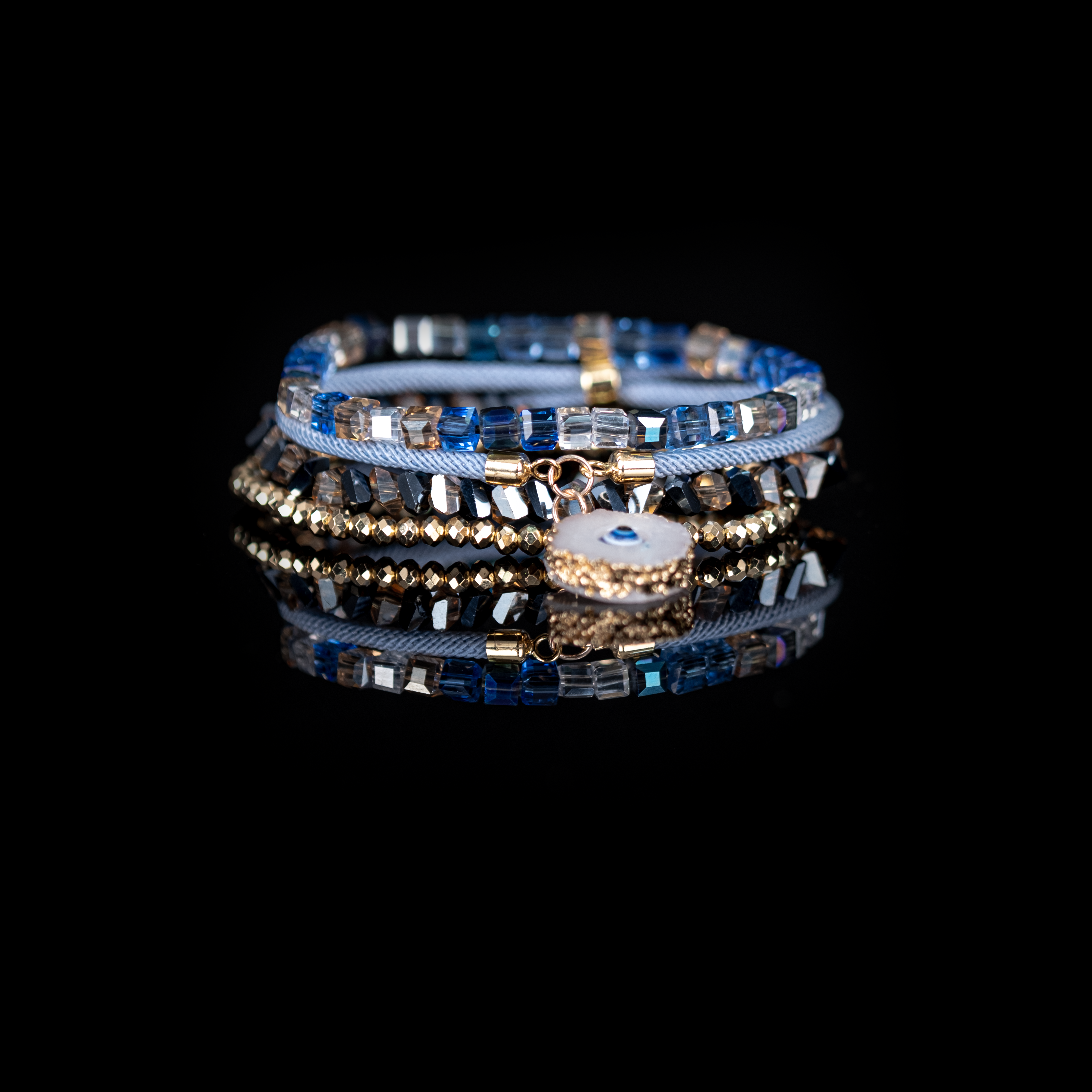 The Ocean Muse Blue Crystal & Evil Eye Layered Bracelet Set