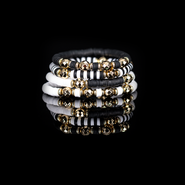 The Monochrome Muse Black, White & Gold Layered Bracelet Set