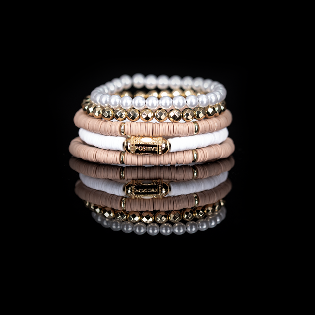 The Soft Glow Nude, White & Gold Layered Bracelet Set