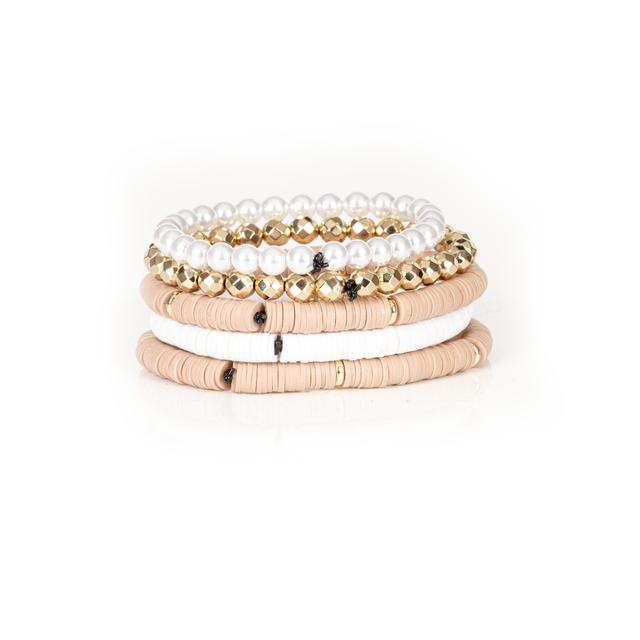 The Soft Glow Nude, White & Gold Layered Bracelet Set